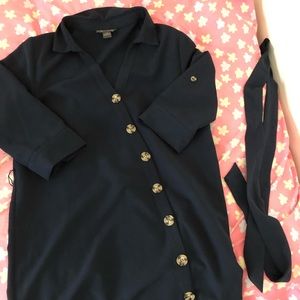 chic navy asymmetrical button up dress!